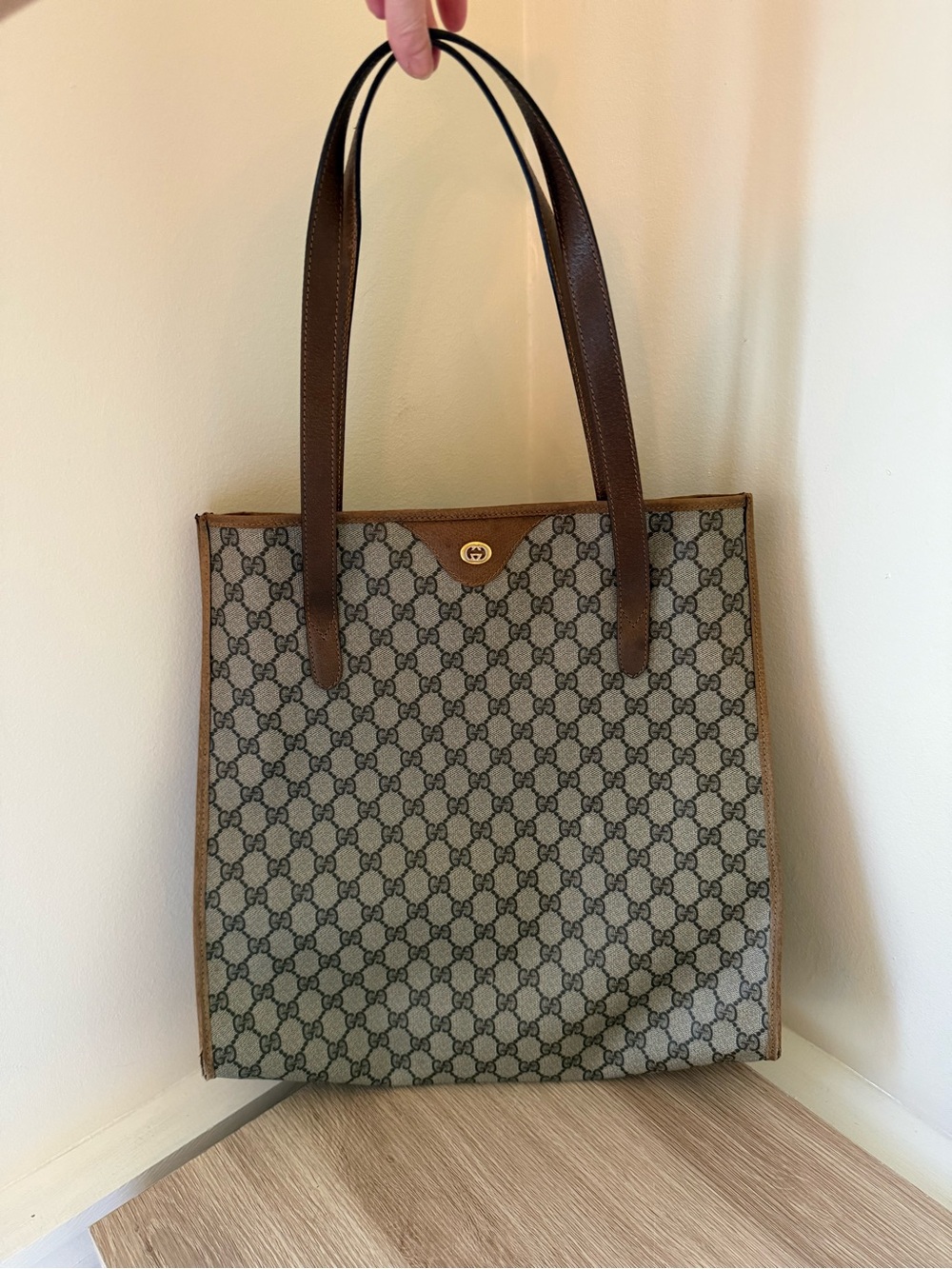 Gucci Brown GG Supreme Monogram Canvas Shoulder Tote with Leather Trim